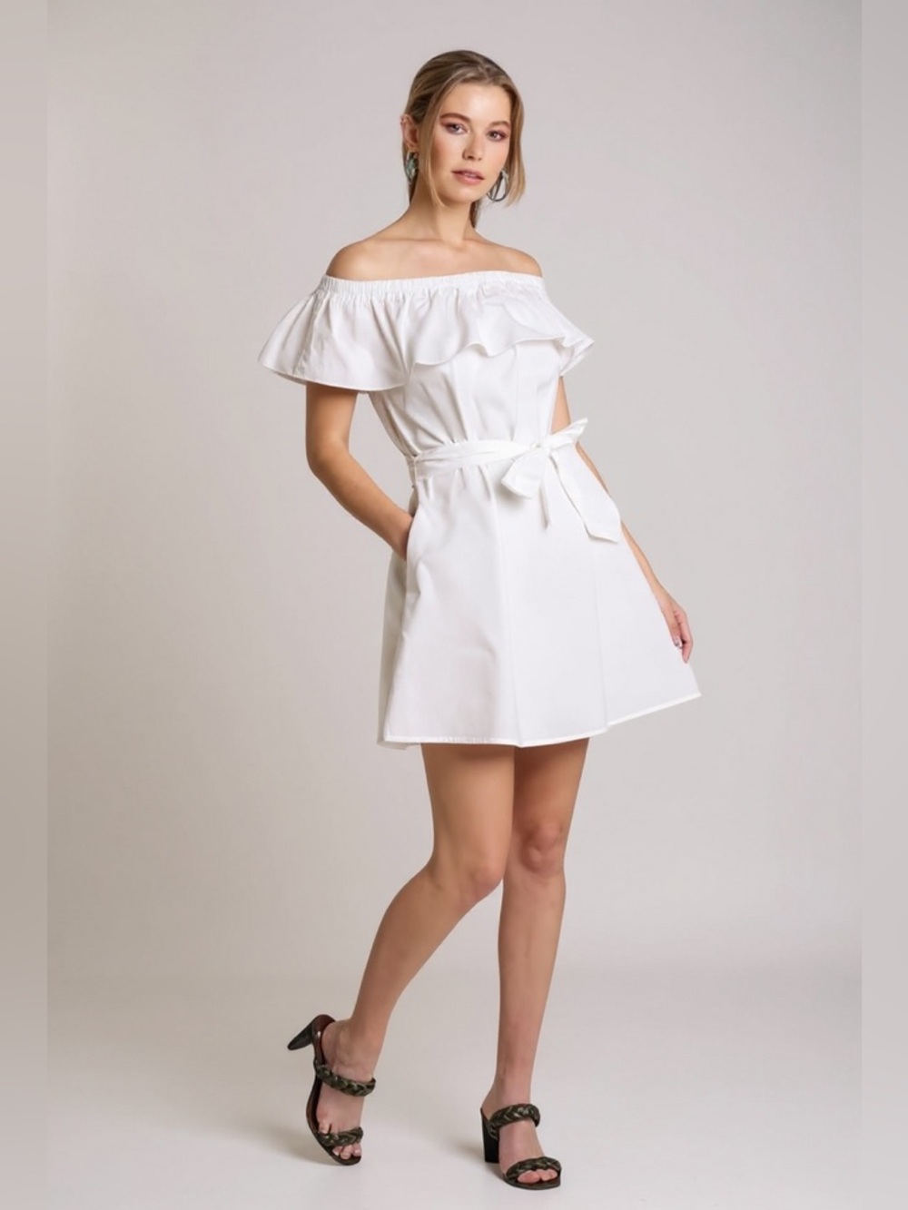 Ruffle Off Shoulder with Self Tie Sash Dress